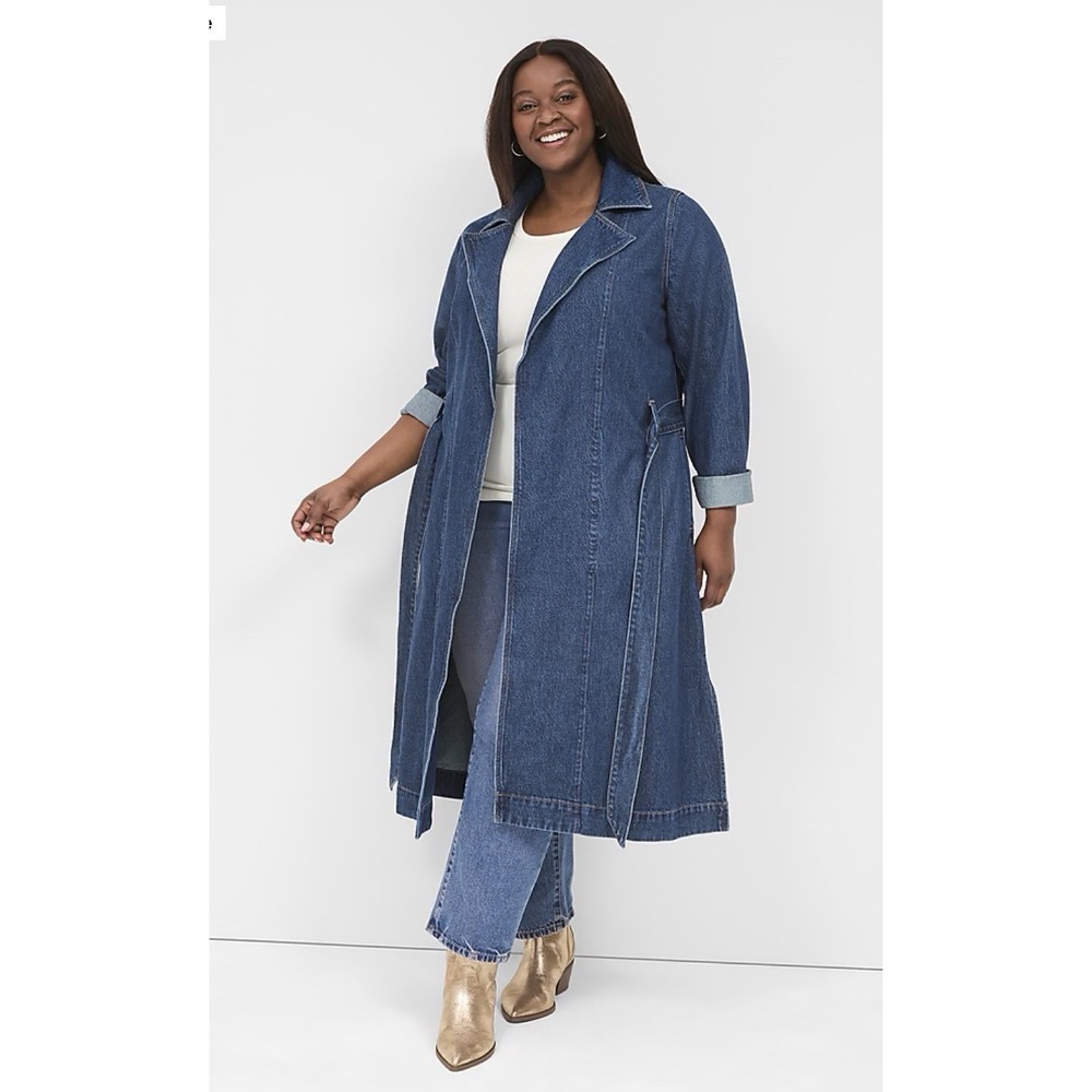 Lane Bryant Denim Trench Coat Plus Size Long Duster Belted Dark Wash Size 26